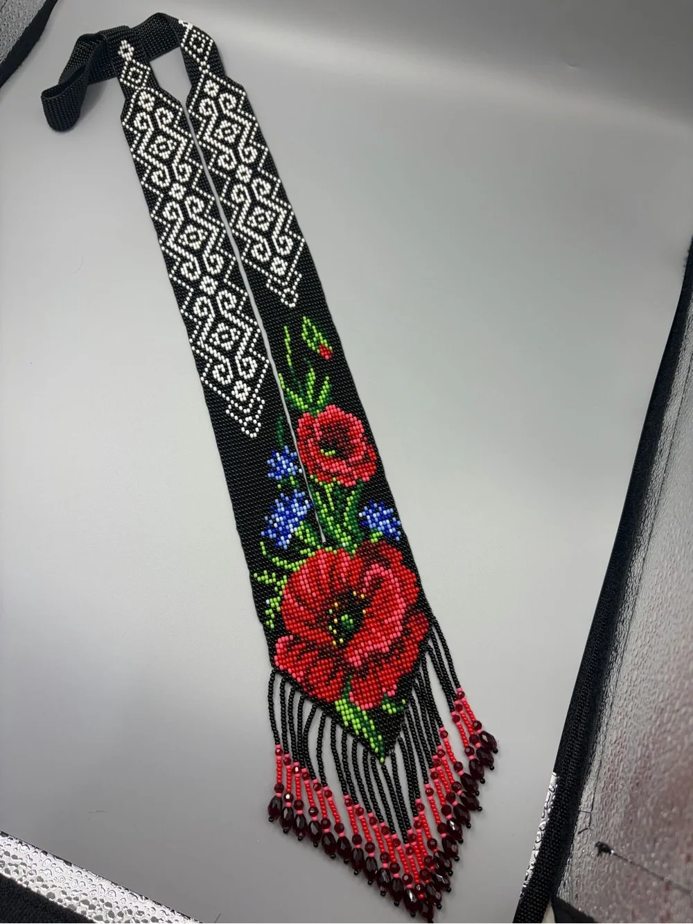 Handmade Black Beaded Necklace with Red Poppy Design